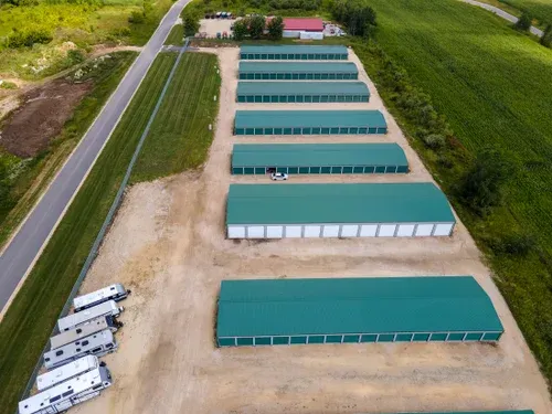 Aerial view of drive up self storage facility with camper, boat, and rv parking
